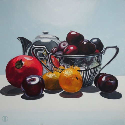 Still Life Silverware And Fruit by Joseph Lynch