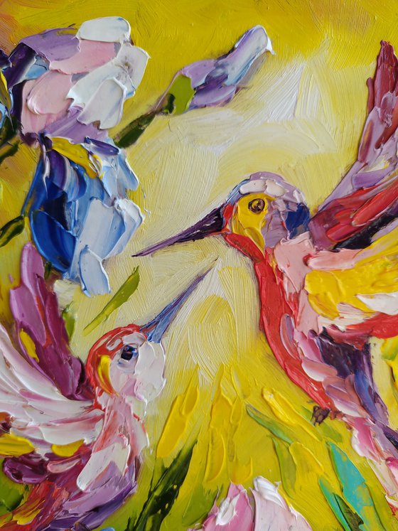 The awakening of love - birds, hummingbird, love, irises, flowers, oil painting, irises flowers, gift idea