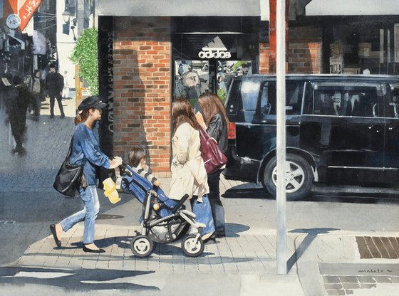Mother and Stroller in Sunlight - Watercolor