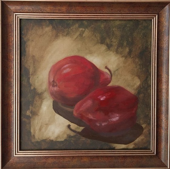 Red pears on green