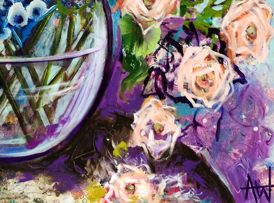 Blue Hydrangea and Roses