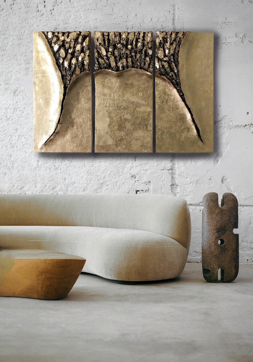 Organic Abstract Relief By Viacheslav Zaykin, 47 X 31", "Immersion" Golden Triptych, Bas-Relief, Original Artwork