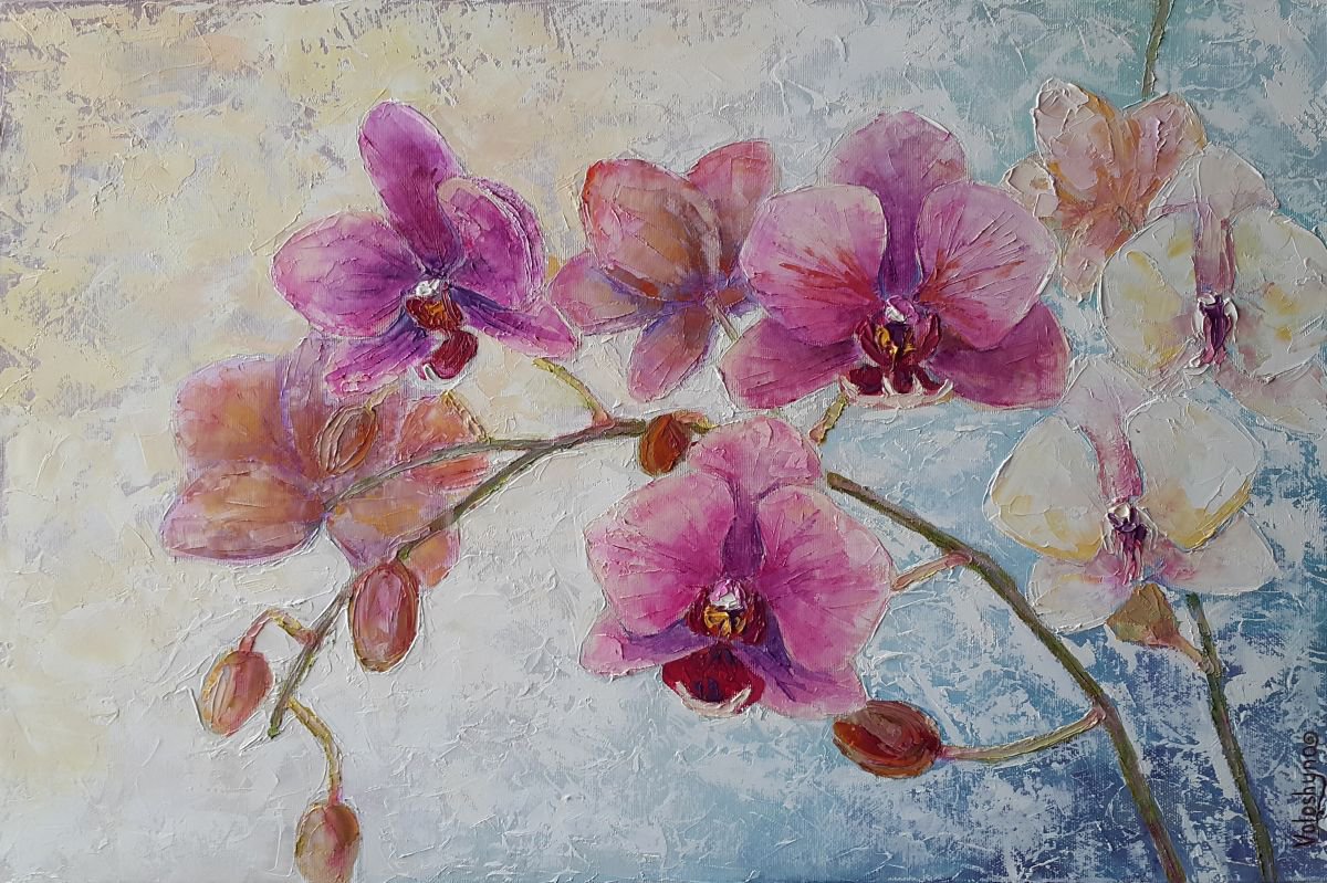 Impressionistic Botanical Oil Painting By Mary Voloshyna, 24 X 16", Pink Orchids, Original Artwork