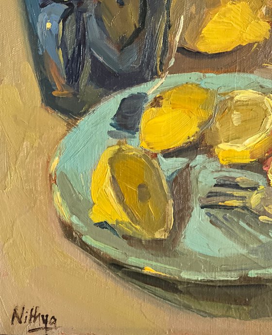 Still life Oil Painting - Lemon slices and tea