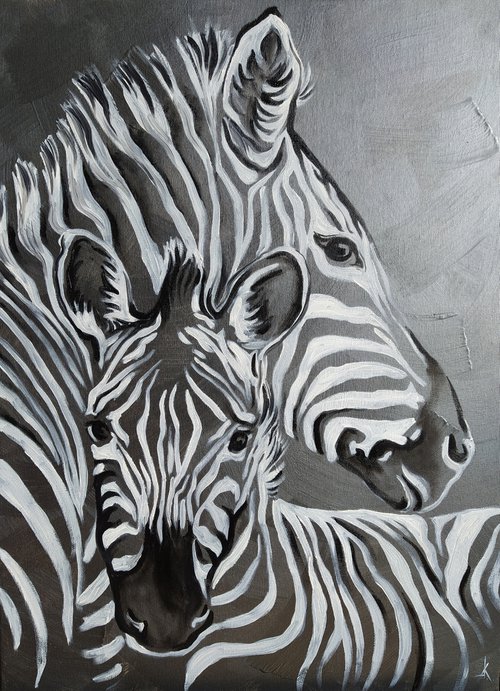 Life lines - black and white, zebras, mother's love, zebras oil painting, mom and baby, baby oil painting, childhood, mom's love by Anastasia Kozorez