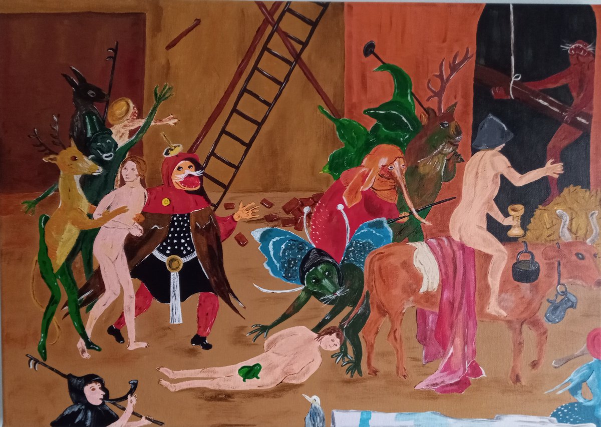 Naive Animal Acrylic Painting By Corinne Hamer, 23 X 17, Bosch Haywain Trip To Hell, Original Artwork