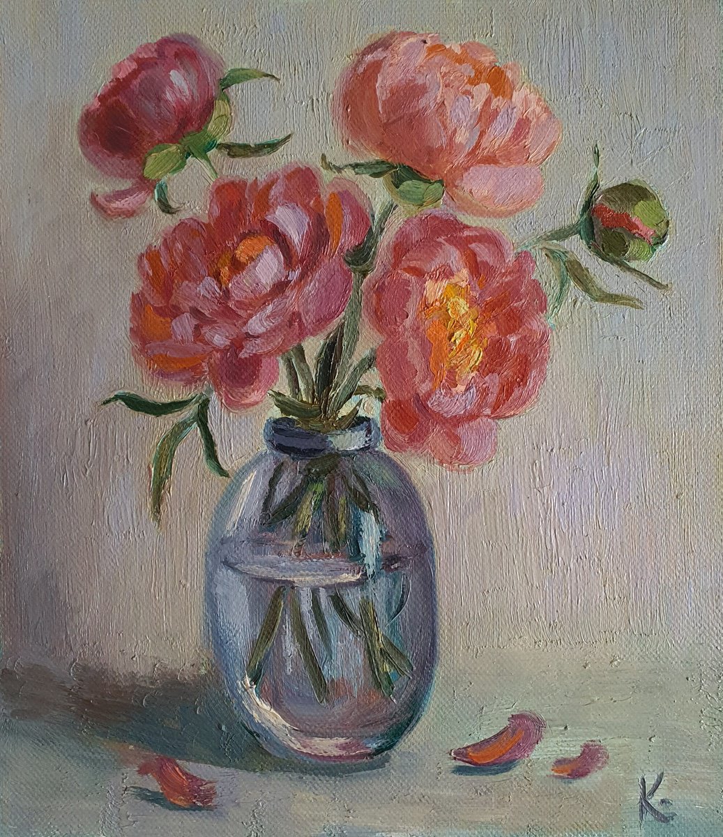 Impressionistic Botanical Oil Painting By Olena Kolotova, 14 X 16", "Peonies", Original Artwork