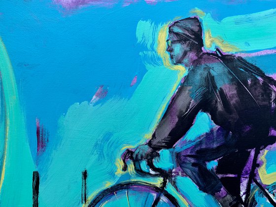 Purple horizontal painting - "Summer breeze" - Urban Art - Pop Art - Bicycle - Street Art