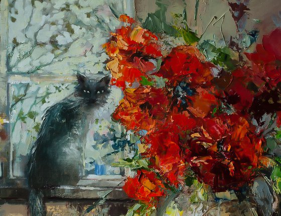 'Bouquet of Red Flowers and the Cat'