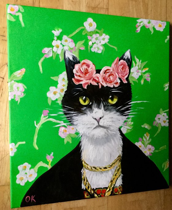 Black cute cat La Frida Kahlo inspired by her self-portrait  with pink roses FELINE ART FOR CAT LOVERS