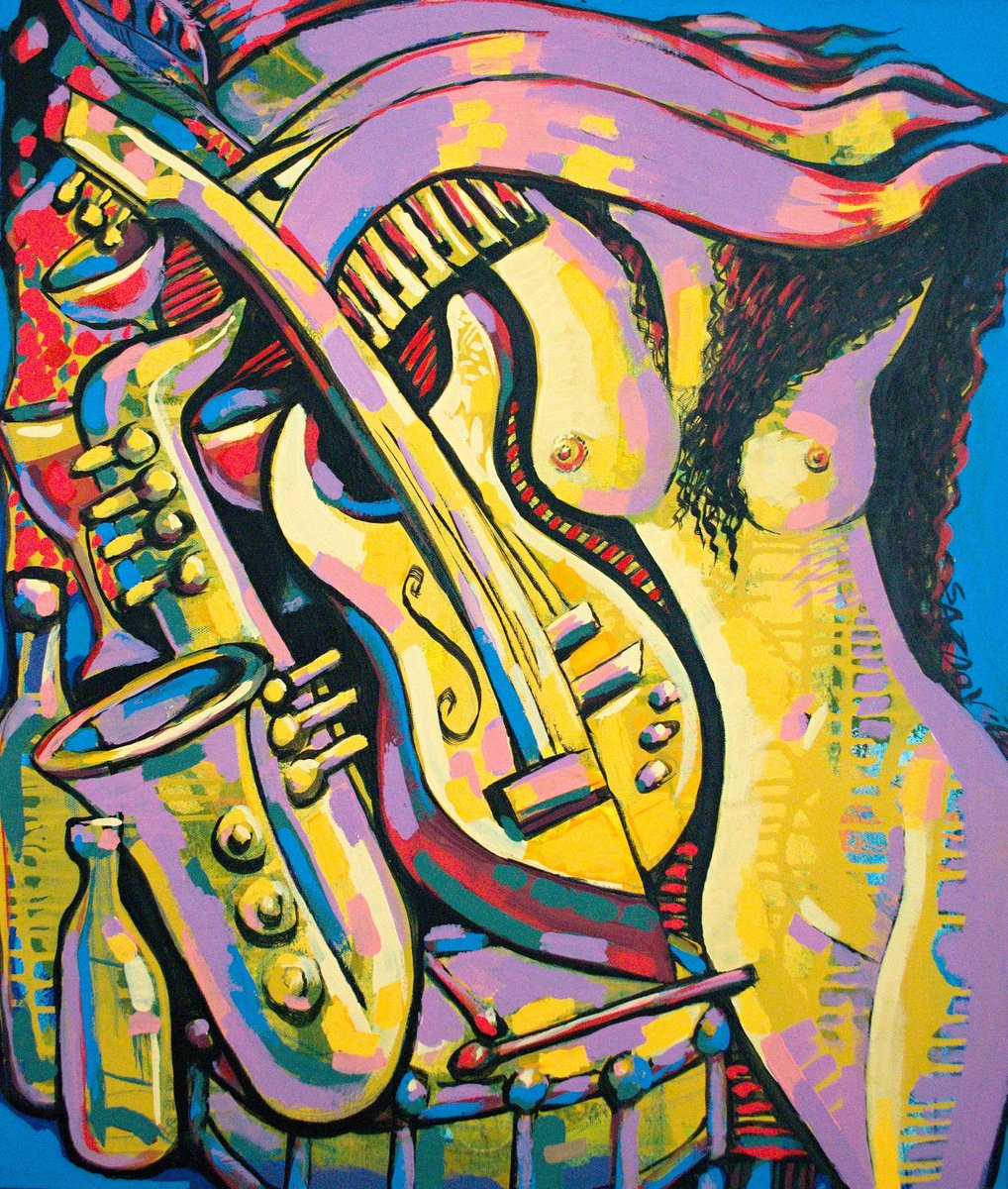 Expressive Portrait Acrylic Painting By Rumen Sazdov, 24 X 28", Jazzman, Original Artwork