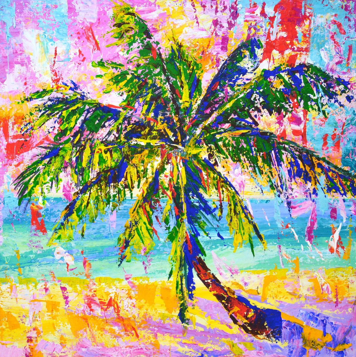 Expressive Landscape Acrylic Painting By Iryna Kastsova, 39 X 39, Palm. Ocean., Original Artwork