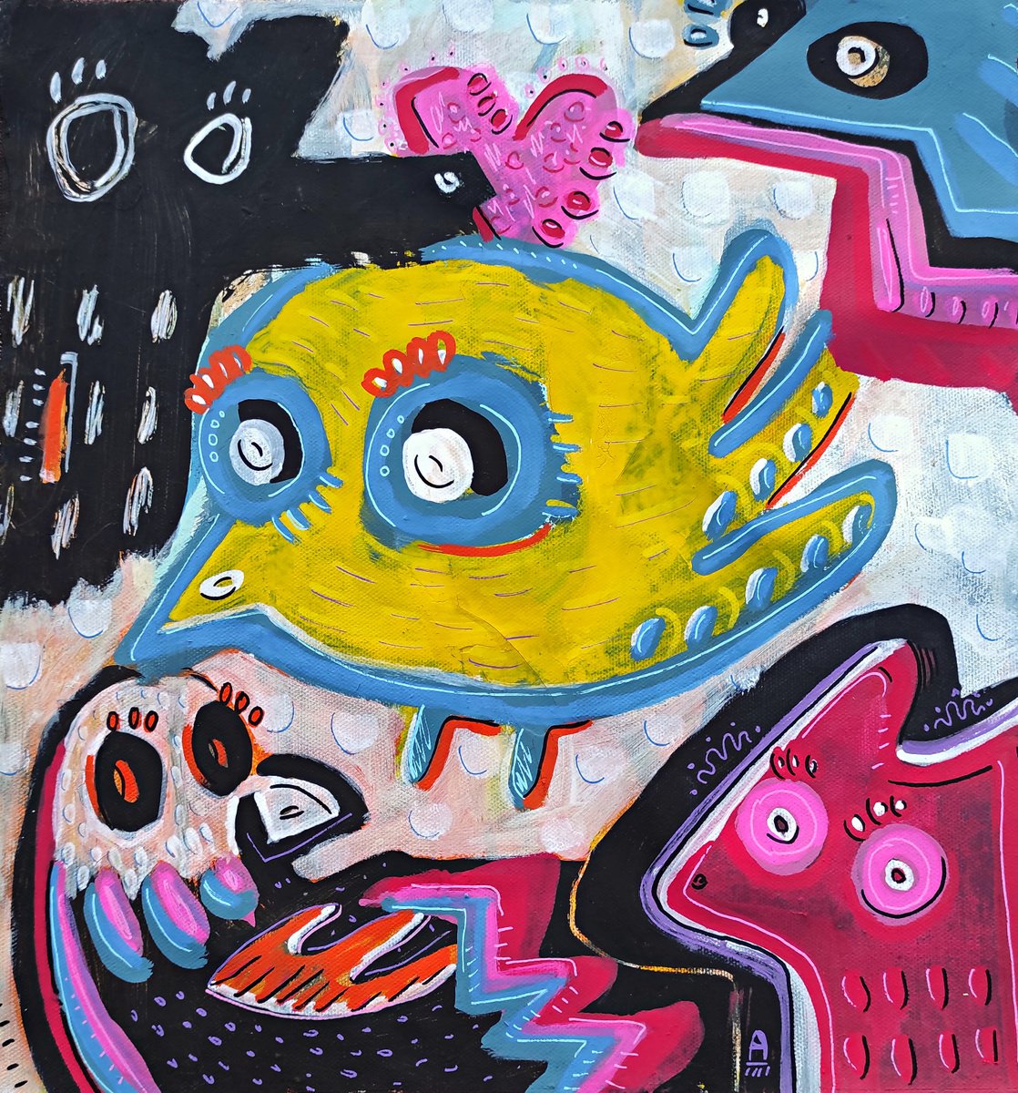 Expressive Animal Acrylic Painting By Angel Rivas, 13 X 13, Animal Squad 34X34, Original Artwork