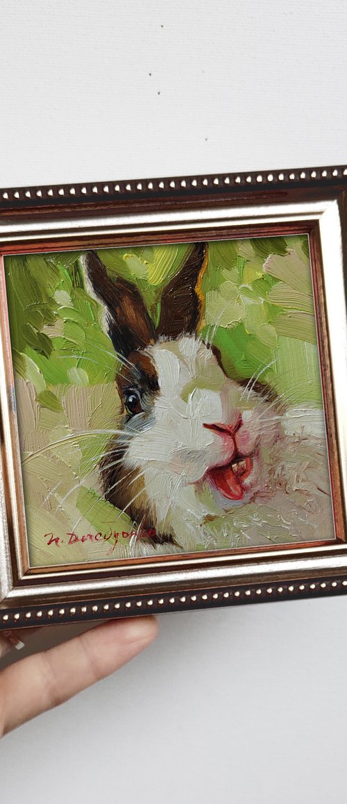 Cute rabbit oil painting original art 10x10 cm, White black Bunny illustration wall art by Nataly Derevyanko