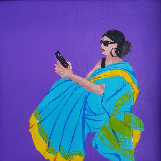 Original POP Art - Blue saree Indian painting, Modern Asian painting