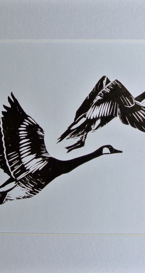 Birds in Flight Linocut, Pritned in Dark Brown, Geese Migrating, Print on Paper, Mounted by Alex Jabore