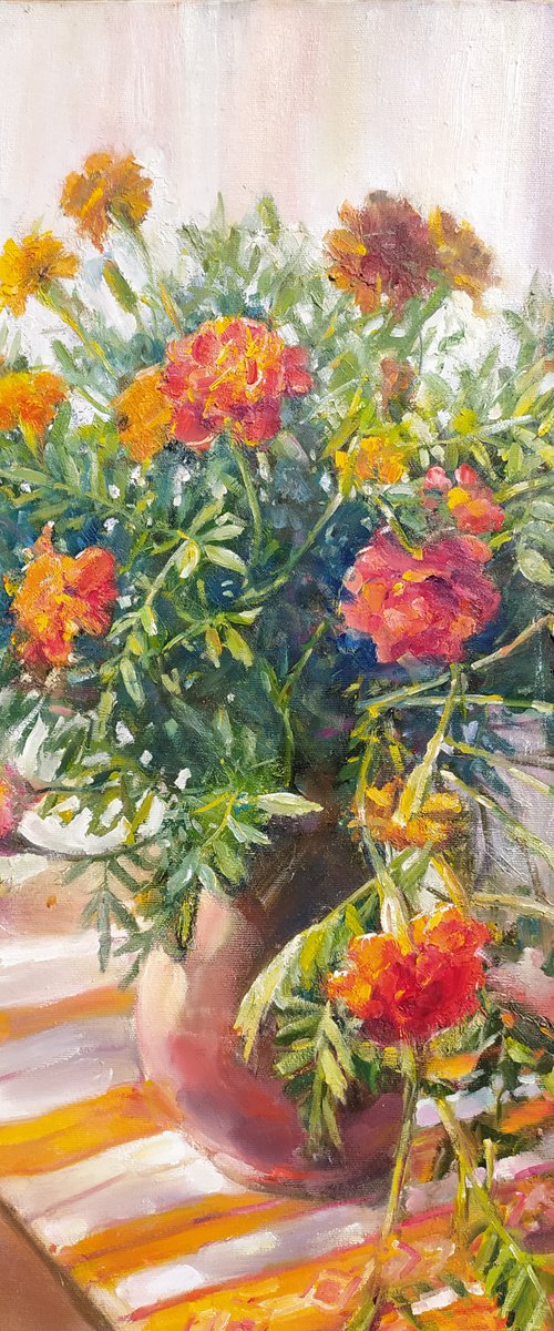 Marigold on a ukrainian towel by Valentina Andrukhova