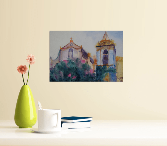 Blossoming Church Watercolor painting Italian town Taormina in summer