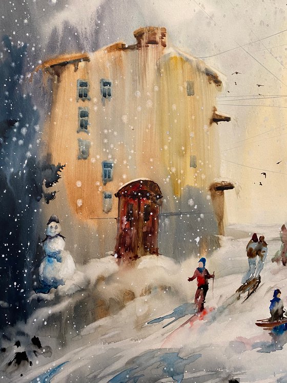 Sold Watercolor “Childhood games. Winter” perfect gift