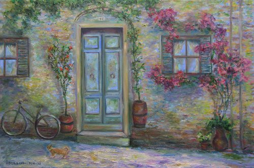 Original Oil Painting of Italian Countryside Tuscan Village House Rural Street under the Sun with a Cat Pet Cityscape Multicolor Fineart by Katia Ricci