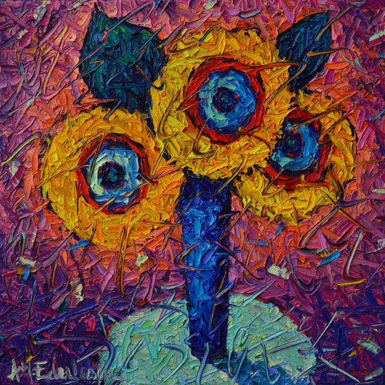 ABSTRACT SUNFLOWERS - modern impressionist impasto colorful vibrant textured contemporary floral art palette knife oil painting