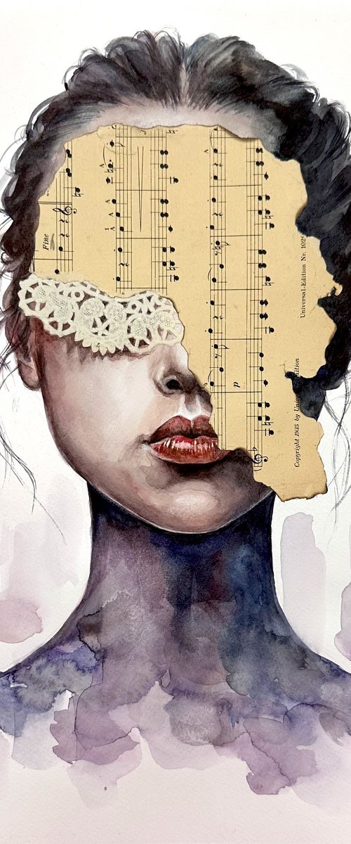 Watercolor Female Portrait Music Collage by Julia Shilo
