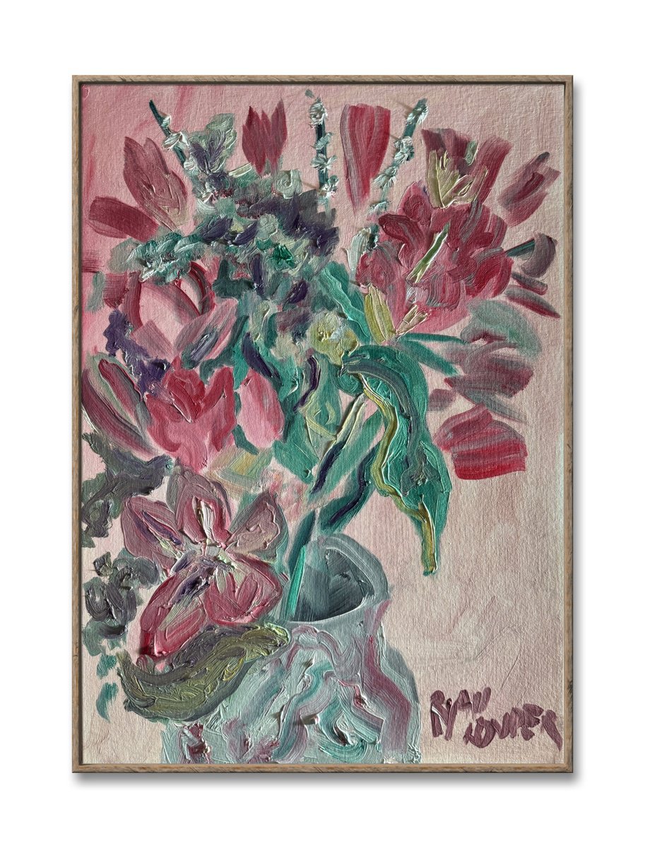 Expressive Botanical Oil Painting By Ryan Louder, 20 X 30", Pink Lillies, Original Artwork