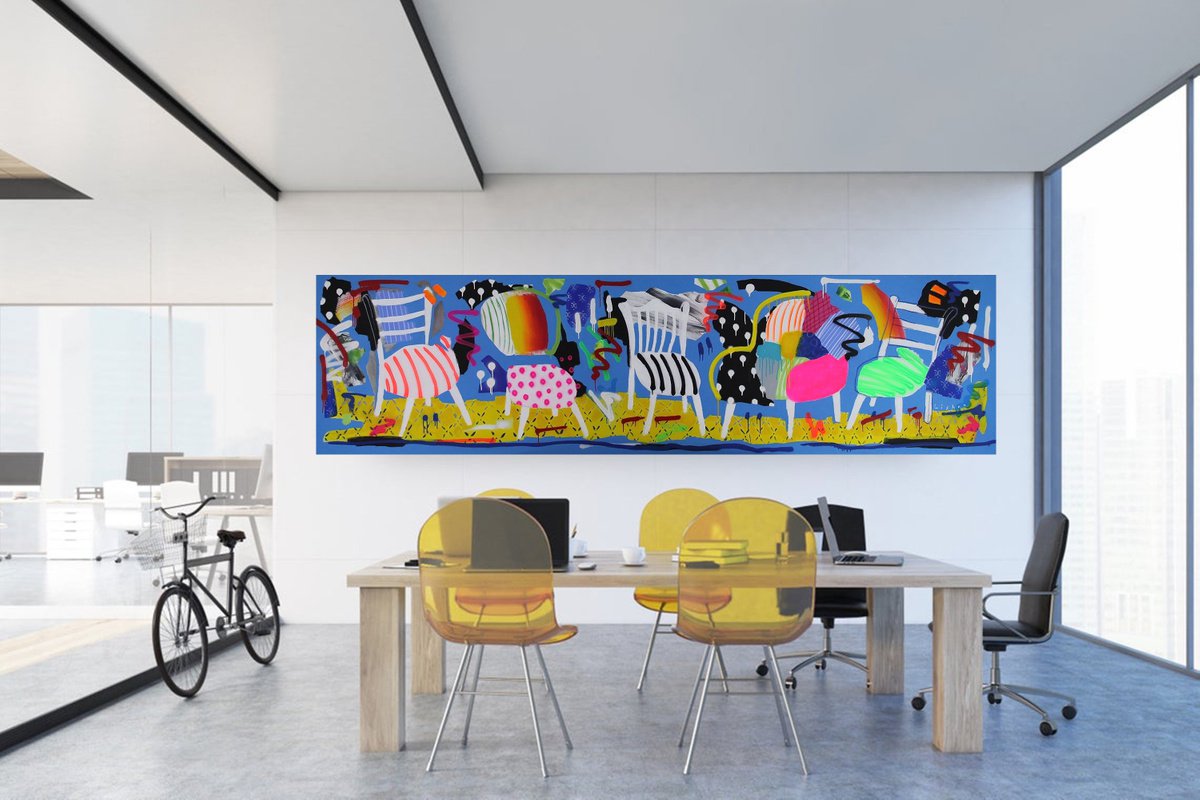 Expressive Still Life Acrylic Painting By V. Lishko, 118 X 31", Chairs, Original Artwork