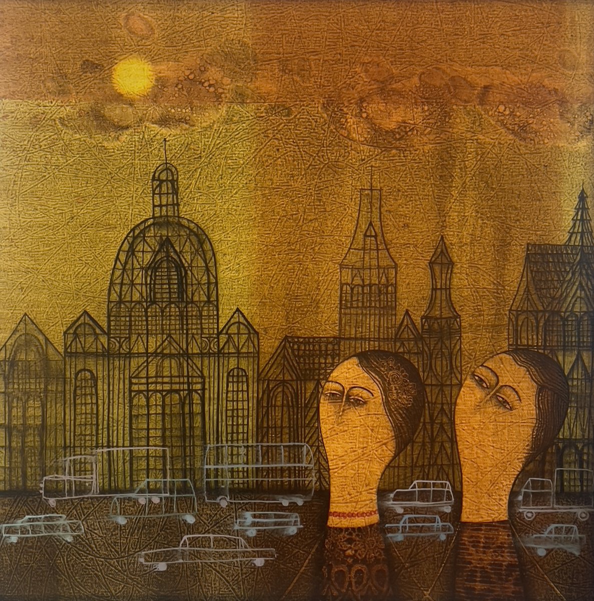 Naive Portrait Oil Painting By Armen Vahramyan, 16 X 16, Nostalgic Evening, Original Artwork