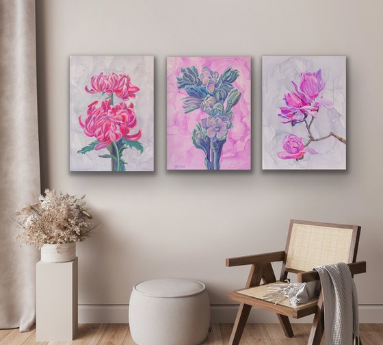 Triptych turquoise and pink