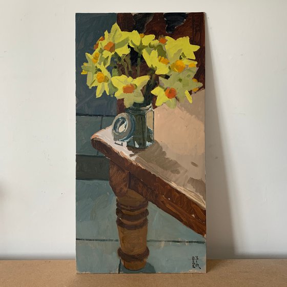Daffodils and Oak Table