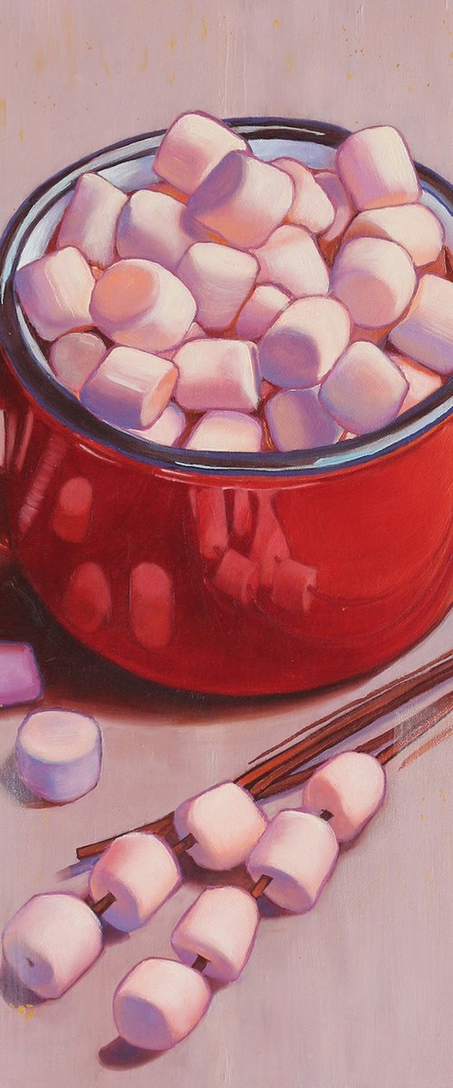 Hot chocolate with marshmallow in red mug by Yue Zeng
