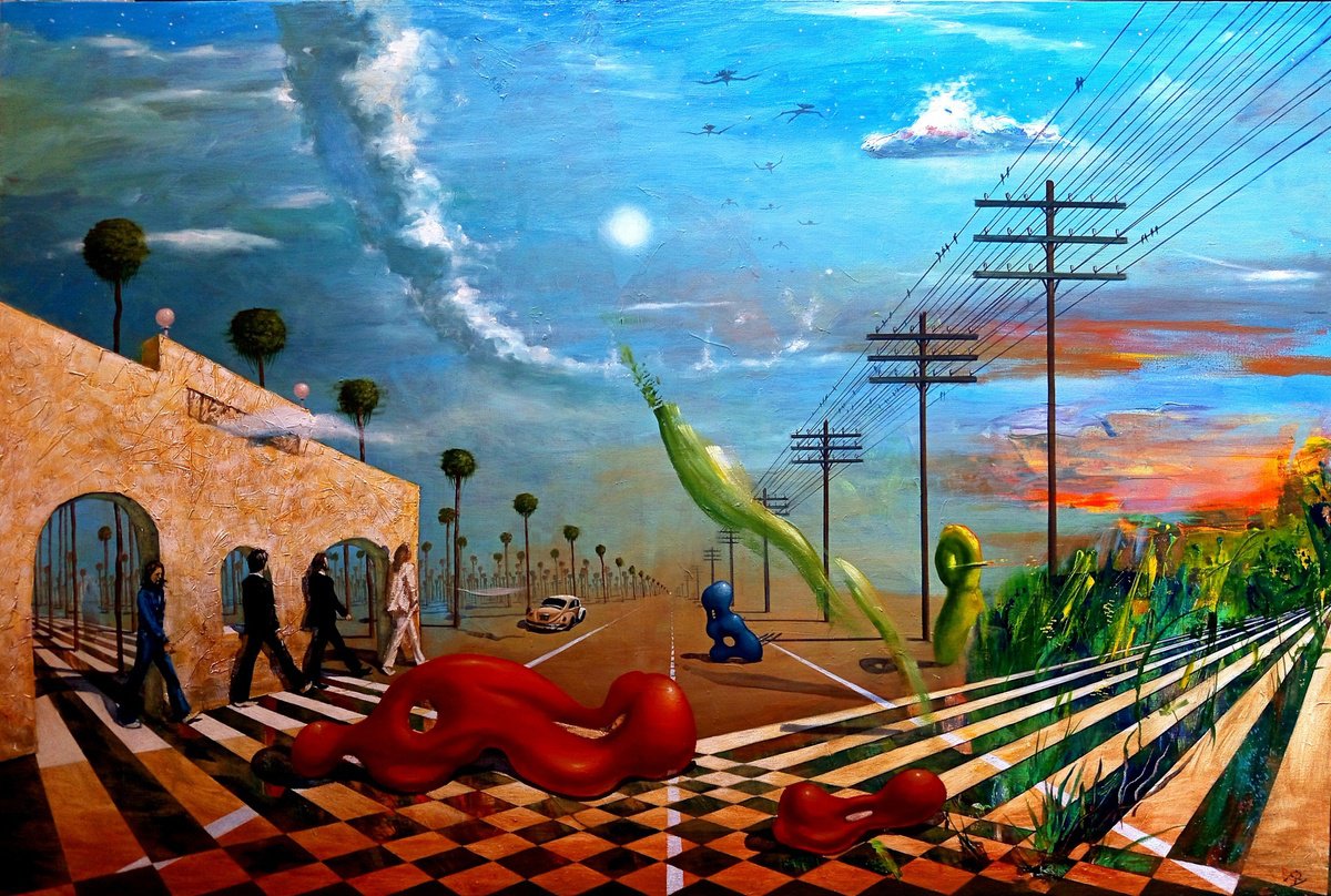 Surrealistic Landscape Oil Painting By Serhiy Roy, 47 X 31", Telegraph Road., Original Artwork