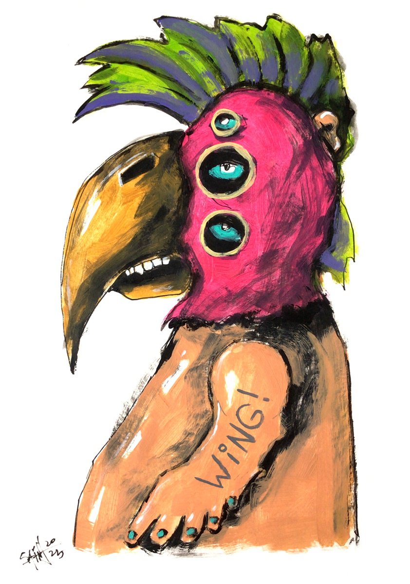 #126 Parrot Zombie Monster portrait painting original art, Horror Naive Outsider Folk Art... by Ruslan Aksenov