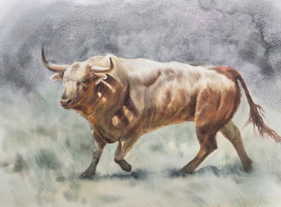 Bull watercolor painting - 2021 year of the Bull - red bull - Spanish red bull