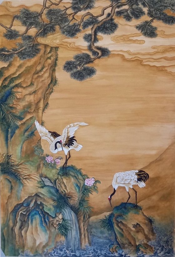 Cranes And Peonies Under A Pine Tree