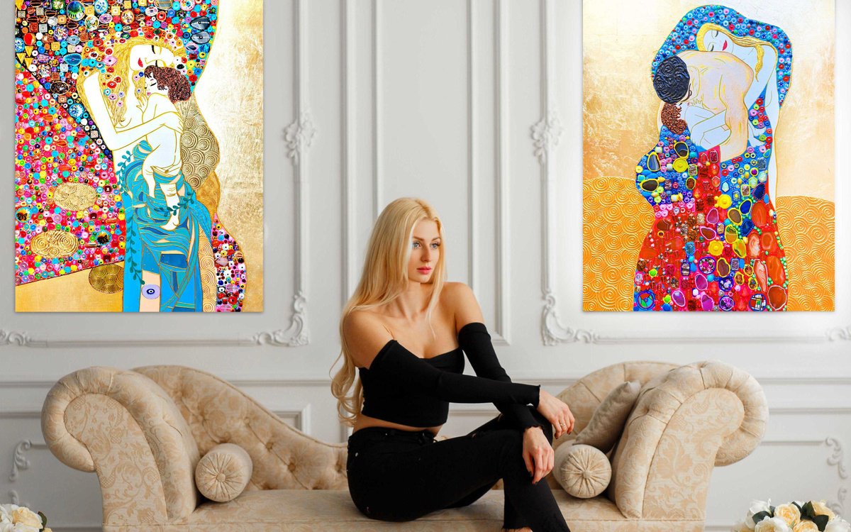 Set of 2 LARGE paintings 160x100 cm / 40x63 inches Gustav Klimt Mother and Child & Family... by BAST