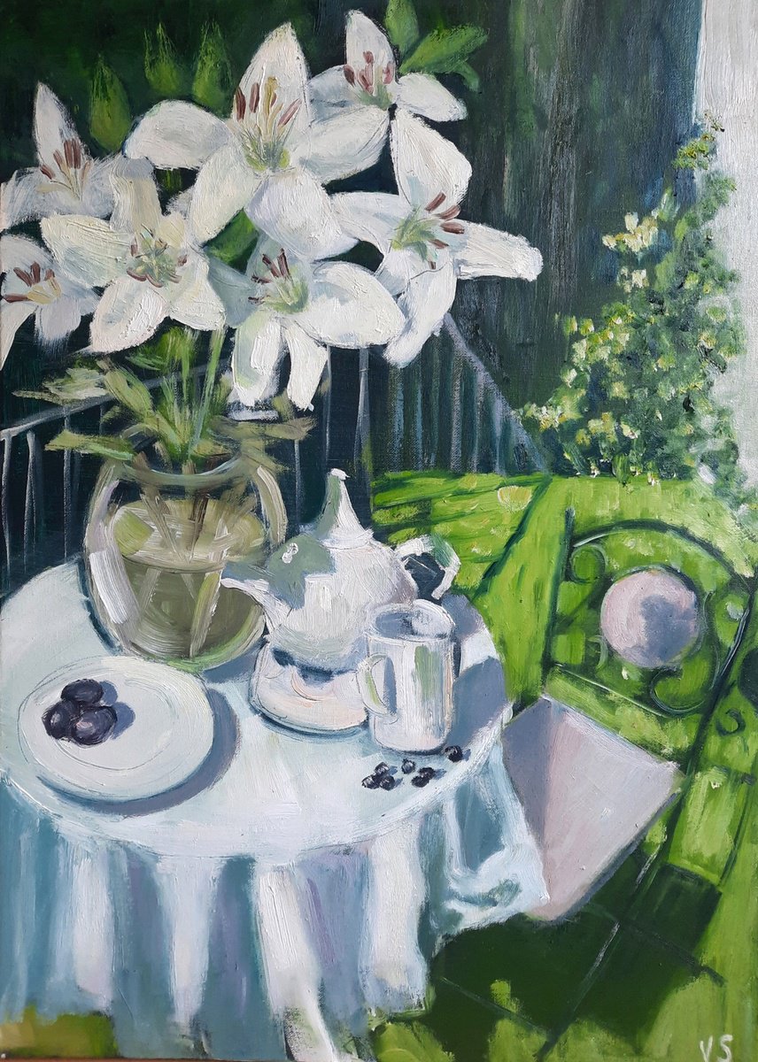 Impressionistic Botanical Oil Painting By Vera Stein, 20 X 28", Still Life With White Lilies, Original Artwork