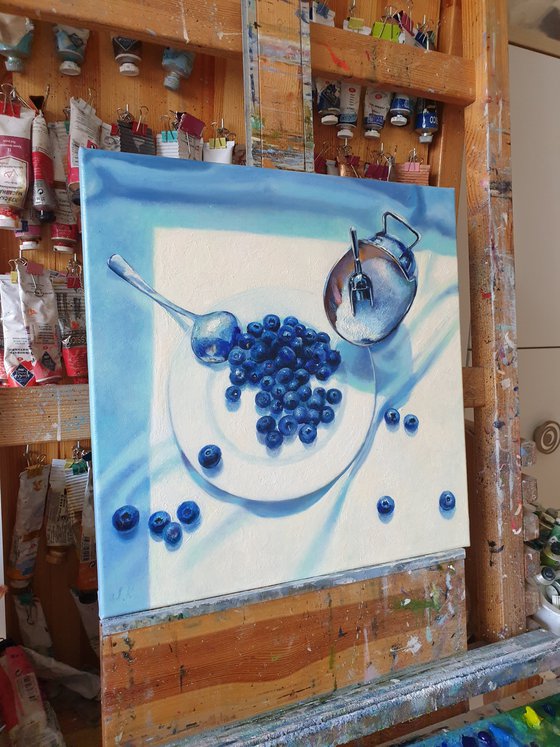 "Slightly sour.  "  still life summer blueberry blue berries  white liGHt original painting  GIFT (2021)