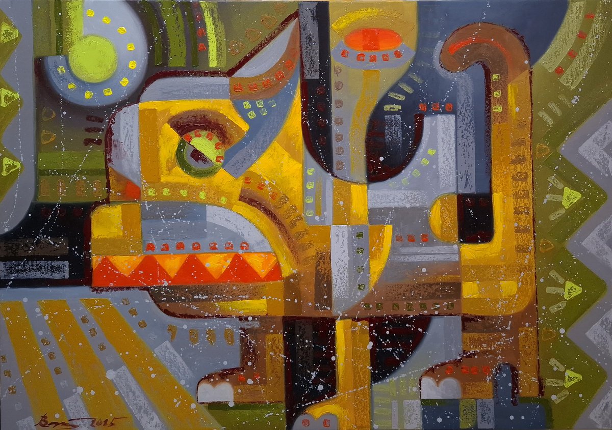 Naive Animal Oil Painting By Serhii Voichenko, 34 X 24", Near The Crosswalk, Original Artwork