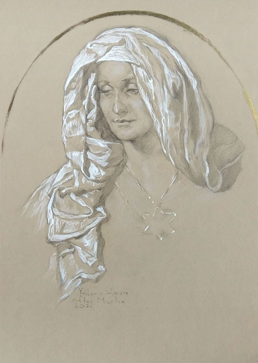 Woman portrait Tribute to Mucha / Realistic Pencil Portrait / Goddes /Mary /Virgin / Holy... by Daria Yablon-Soloviova