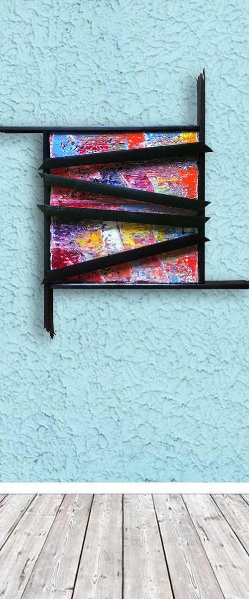 "Brute Force" - Original PMS Mixed Media Sculptural Painting On Canvas and Wood, Framed - 38 x 37 inches by Preston M. Smith (PMS)