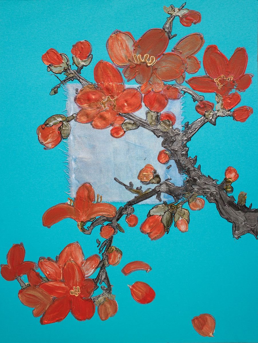 Bright red spring blossoms on azure blue sky by Vlada Lisowska