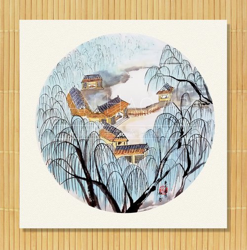 RAN ART - Chinese painting 38*38cm - The Village by RAN HAO