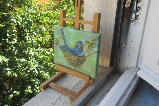 Blue Torquoise Titmouse Painting 6x8in Oil,Pretty Mini Canvas Art,Lady Bird Nest,Inspirational Miniature,Birdwatching,Farmhouse Gallery Wall