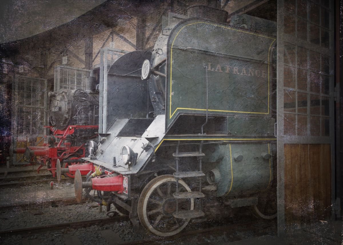 Old steam trains in the depot 1 - print on canvas 60x80x4cm by Kuebler