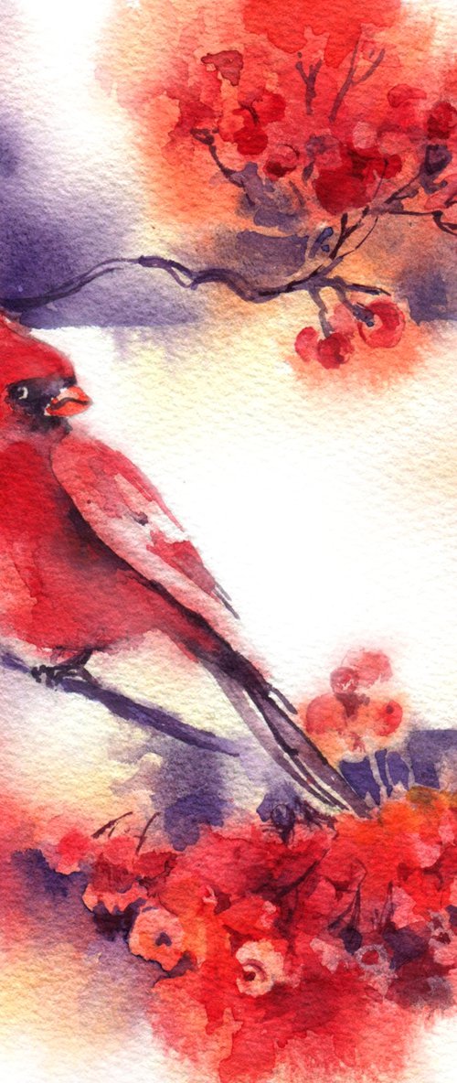 "New year card with rowan and cardinal bird" original watercolor artwork small format by Ksenia Selianko