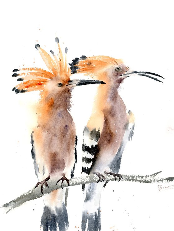 Two Hoopoes  - Original Watercolor Painting