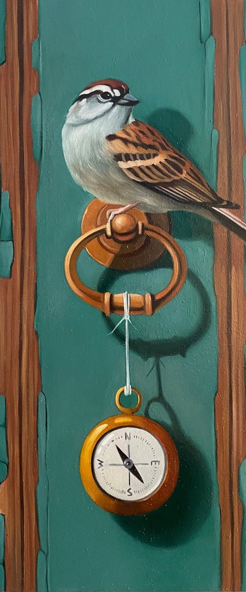 Sparrow with clock (24x35cm, oil painting, ready to hang) by Ara Gasparian