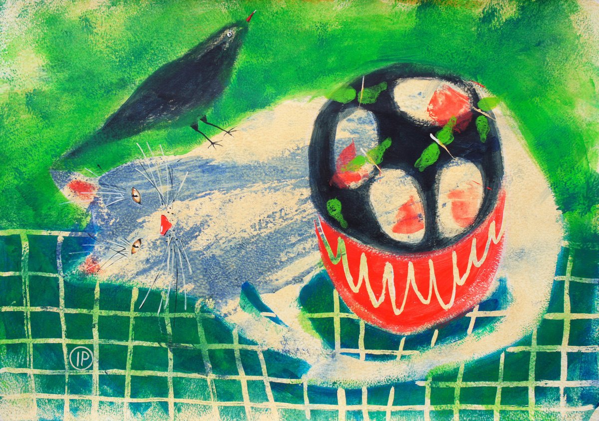 Impressionistic Animal Acrylic Painting By Irina Plaksina, 17 X 12, Great Summer Day, Original Artwork